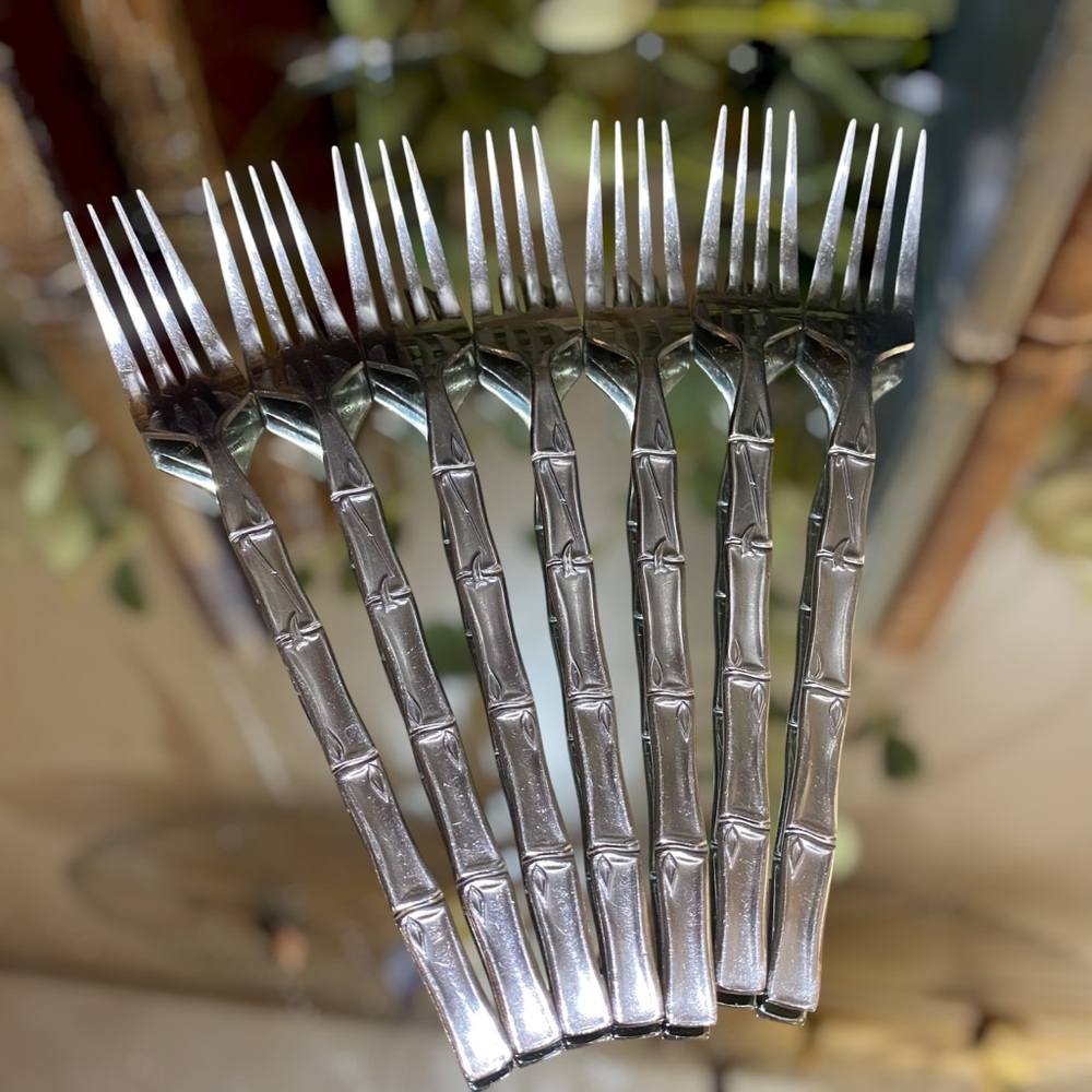 Vintage Bamboo Tiki Set 7 Dinner Forks Lifetime Cutlery LC Stainless Flatware